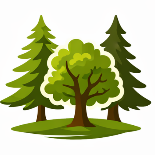 Rysunek trzech zielonych drzew. Środkowe jest liściaste, dwa boczne to świerki.