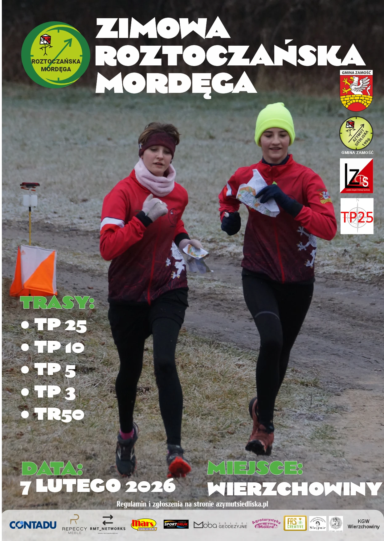 Dwóch młodych ludzi w sportowych strojach biegnie po trawie. Na górze napis Zimowa Roztoczańska Mordęga, z lewej strony logo zawodów. Na dole data: 7 lutego 2026 Miejsce: wierzchowiny